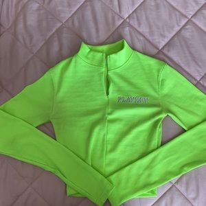 Neon Green Playboy Crop Zip Up Top